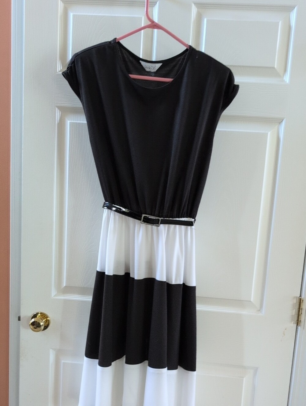 Studio Black and White Striped Maxi Dress with Belt
